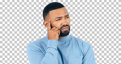 Buy stock photo Confused, man and thinking about question with doubt or problem solving in transparent or png background. Unsure, why and person planning ideas with frown on face or remember a decision or choice