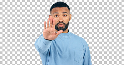 Buy stock photo Man, portrait and hand for stop or forbidden warning, protect and deny or rejection for emergency. Brazil model, face and serious gesture as defence sign and isolated on a transparent png background