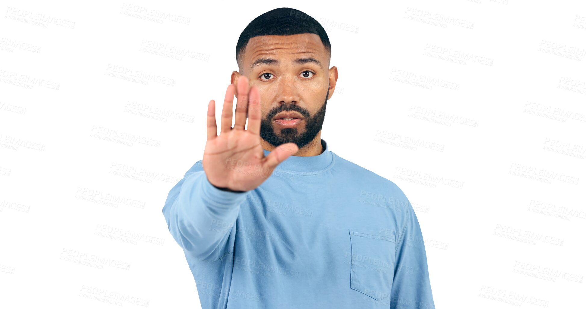 Buy stock photo Man, portrait and hand for stop or forbidden warning, protect and deny or rejection for emergency. Brazil model, face and serious gesture as defence sign and isolated on a transparent png background