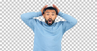 Buy stock photo News, announcement and man with surprise in portrait with drama in transparent, isolated or png background. Wow, emoji and shocked person with secret or hearing crazy gossip, information or story