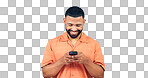 Man, smartphone and chat online with social media and communication in studio on white background. Smile at text, email notification and scroll internet with typing, mockup space and using phone