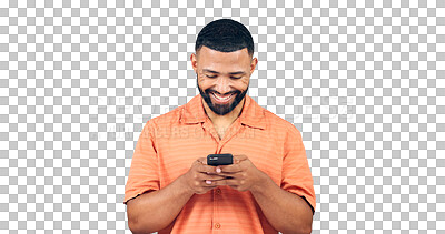 Buy stock photo Happy man, phone and typing for social media, networking or communication on a transparent PNG background. Isolated or young male person with smile on mobile smartphone for online chatting or texting