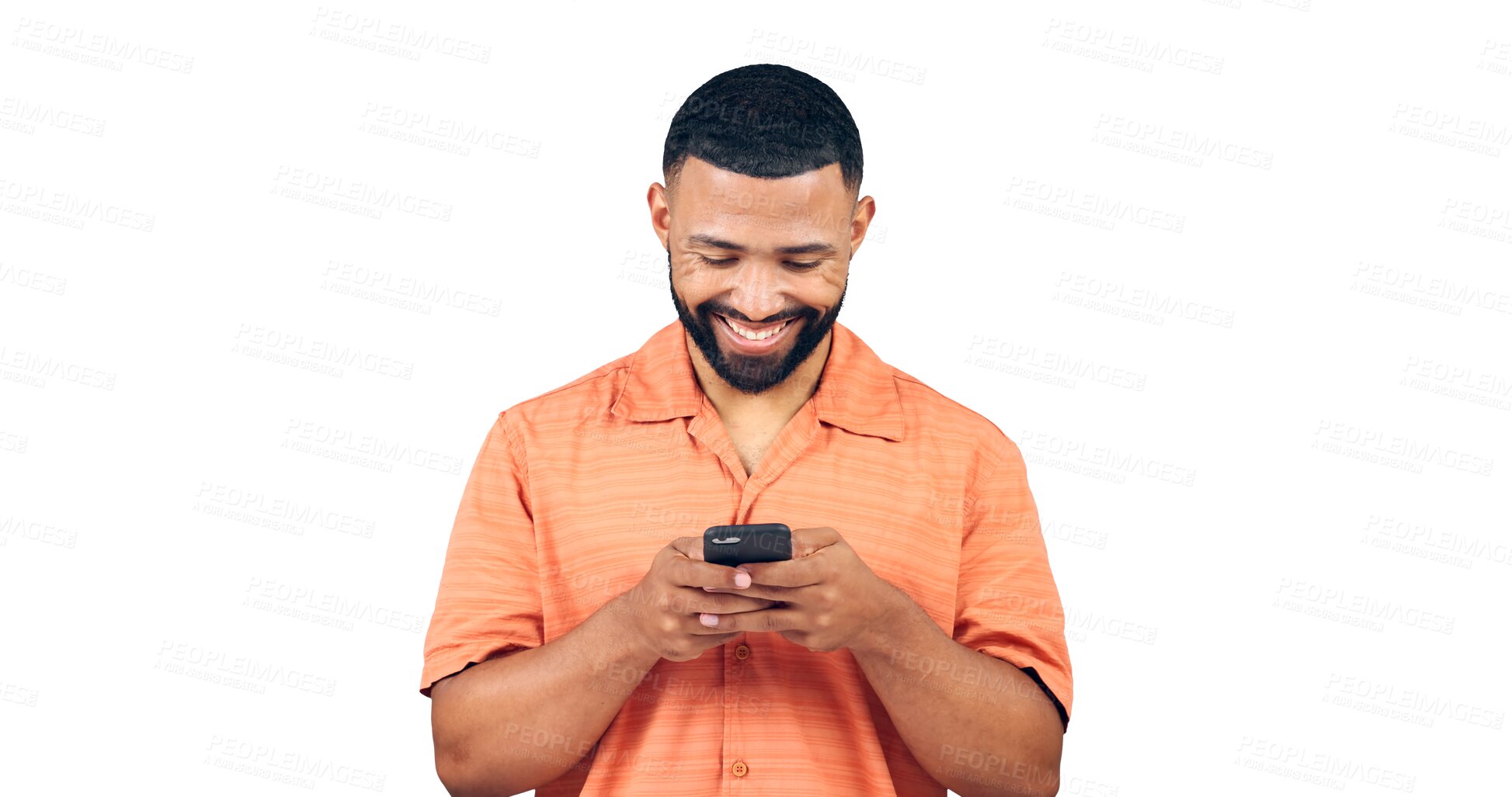 Buy stock photo Happy man, phone and typing for social media, networking or communication on a transparent PNG background. Isolated or young male person with smile on mobile smartphone for online chatting or texting