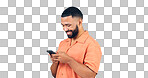 Phone, chat and happy man laugh in studio with online comic, meme or funny text on grey background. Smartphone, smile or male model with app joke, gif or humor, contact or web, humor or communication