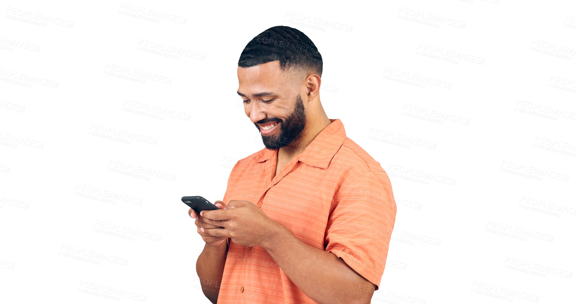 Buy stock photo Happy man, phone and typing for social media, communication or networking on a transparent PNG background. Isolated or young male person with smile on mobile smartphone for online chatting or texting