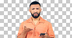 Portrait of man in studio with phone, frustrated and confused with connection problem, 404 or glitch. Communication, anger and person with smartphone with scam, phishing or fraud on white background.