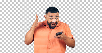 Buy stock photo Excited man, phone and surprise with good news in celebration for winning on a transparent PNG background. Isolated or happy male person in shock or wow for amazing deal or prize on mobile smartphone