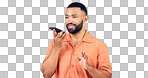 Man in studio with voice phone call, smile and talking with connection for networking, online chat or communication. Happiness, discussion and person with smartphone conversation on white background.