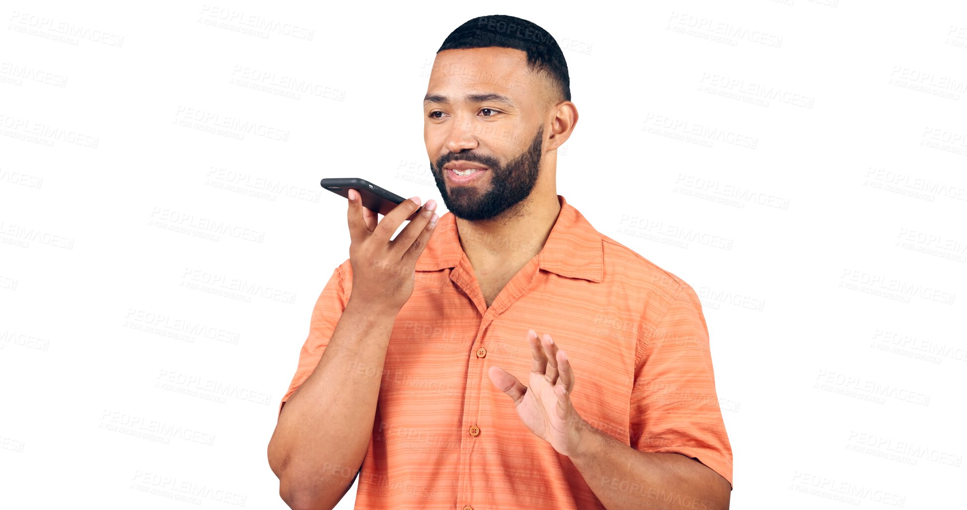 Buy stock photo Happy man, voice and phone call with talking on loudspeaker, communication and online connection. Model, speaking and cellphone with networking, social and isolated on a transparent png background