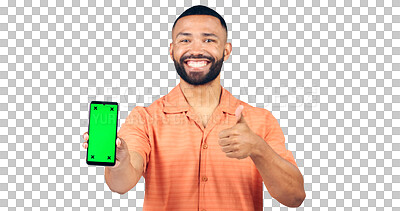 Buy stock photo Happy man, portrait and thumbs up with phone, green screen or success on a transparent PNG background. Isolated male person showing mobile smartphone or chromakey display with like emoji or yes sign