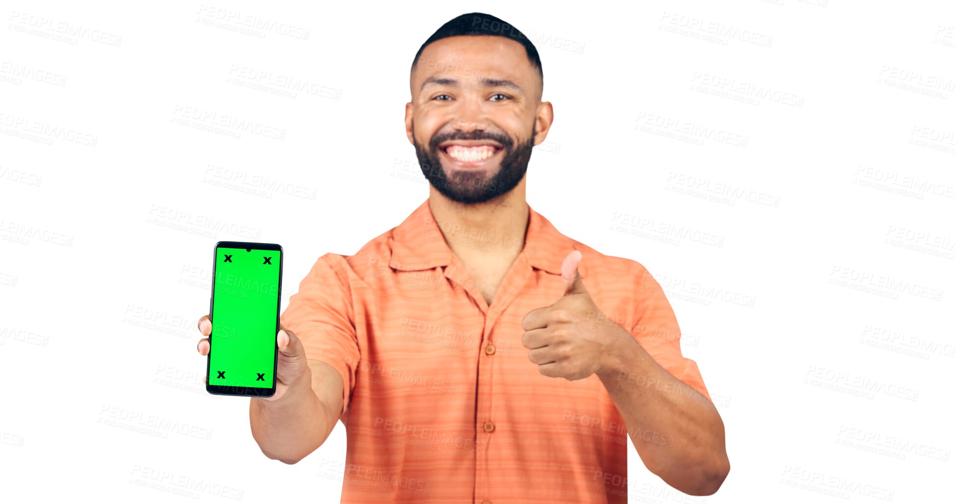 Buy stock photo Happy man, portrait and thumbs up with phone, green screen or success on a transparent PNG background. Isolated male person showing mobile smartphone or chromakey display with like emoji or yes sign