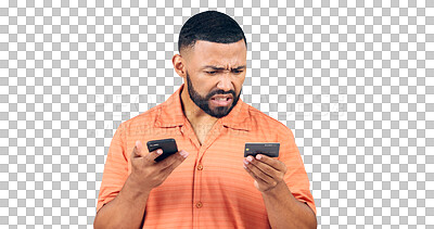 Buy stock photo Frustrated, man and phone with credit card, debt or connection problem during online shopping. Angry male customer confused by fintech, banking app and isolated on transparent png background