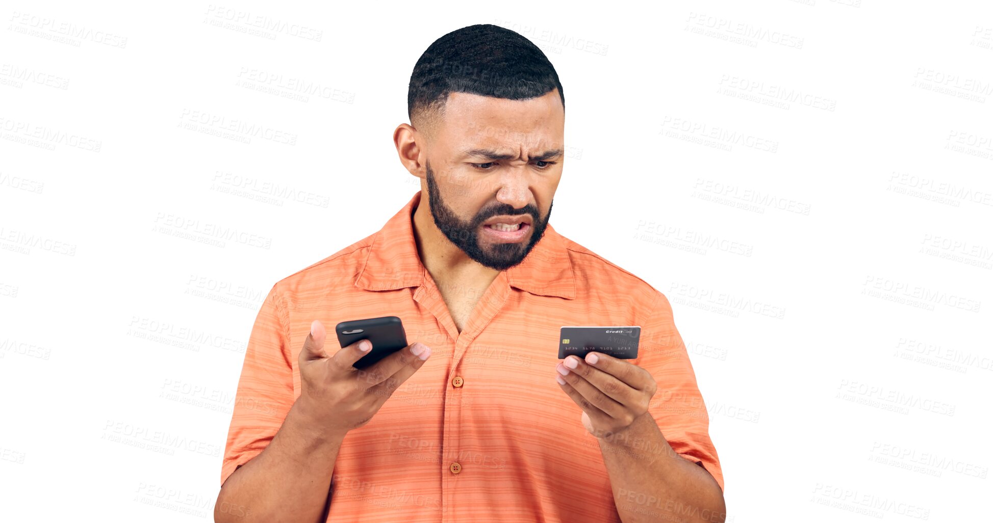 Buy stock photo Frustrated, man and phone with credit card, debt or connection problem during online shopping. Angry male customer confused by fintech, banking app and isolated on transparent png background