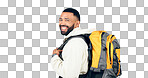 Man, happy portrait and hiking in studio with backpack and smile from travel and freedom with adventure. Camping, fitness and grey background and walking with camper gear for vacation and holiday