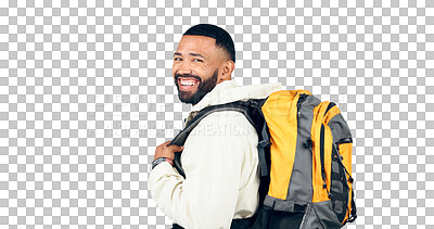 Buy stock photo Hiking, travel and portrait of man with backpack for adventure, camping and holiday for wellness. Male person, gear and happy with smile for vacation on isolated, transparent and png background