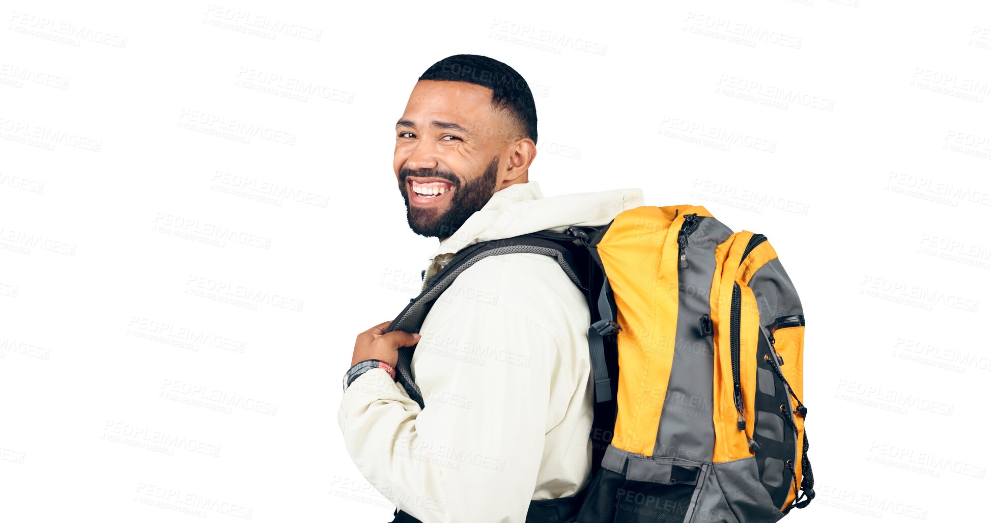 Buy stock photo Hiking, travel and portrait of man with backpack for adventure, camping and holiday for wellness. Male person, gear and happy with smile for vacation on isolated, transparent and png background