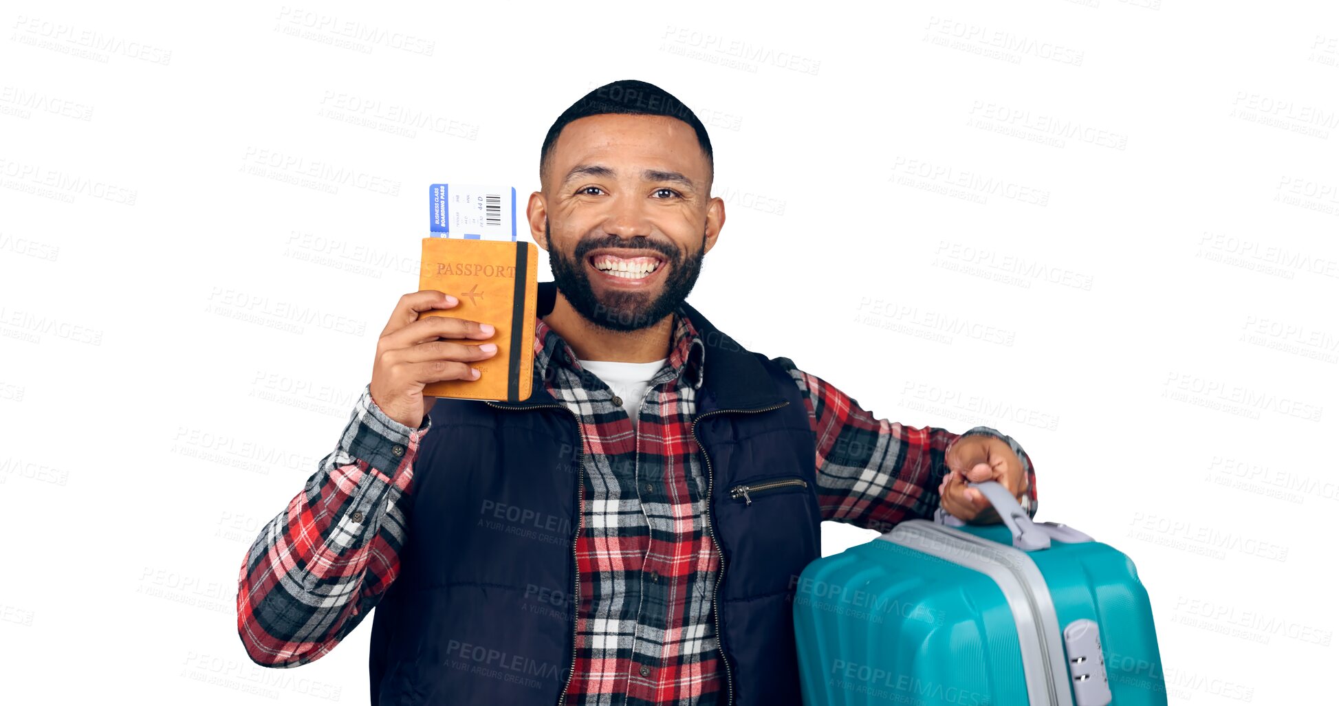 Buy stock photo Travel, passport and portrait of man with suitcase for vacation, adventure or holiday. Face, smile and young male tourist with tickets, documents and luggage isolated by transparent png background.