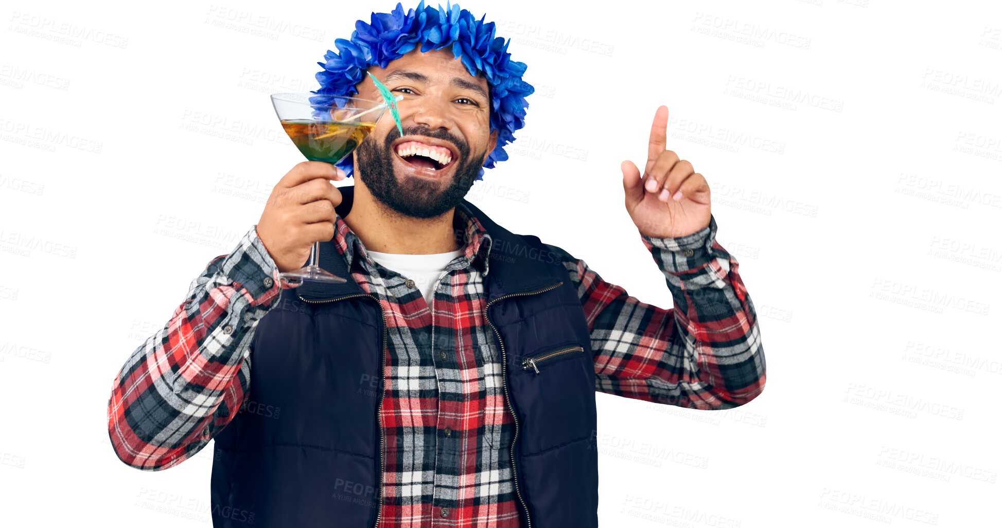 Buy stock photo Alcohol, portrait and man celebrate in isolated background, png and smile for cocktail to drink. Person, party and relax with glass in hand for happiness of opportunity for vacation and transparent