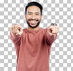 Pointing, selection and smile with portrait of man in studio for