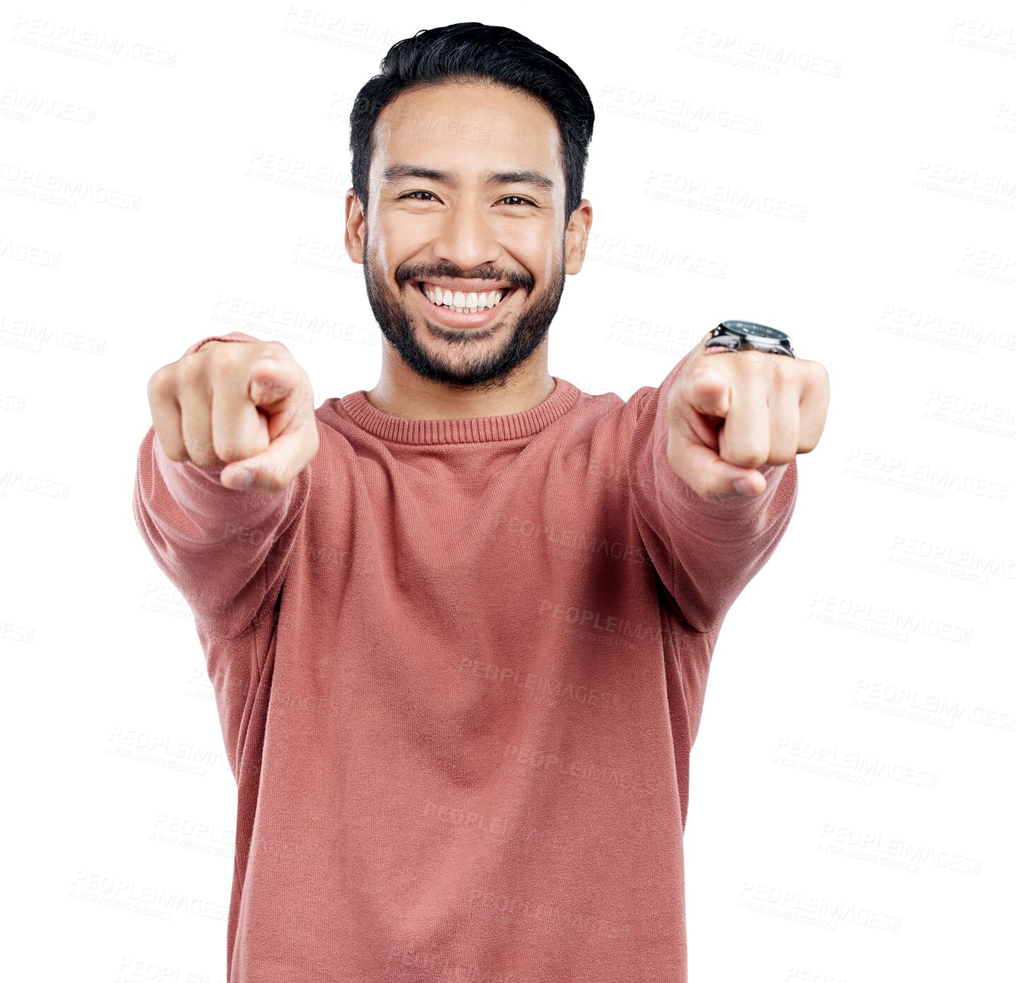 Buy stock photo Man, portrait and happy with pointing to you for opportunity, selection and motivation with support and choice. Winner, confident and person with hand gesture isolated on a png transparent background