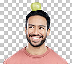 Happy, healthy and an Asian man thinking of an apple isolated on