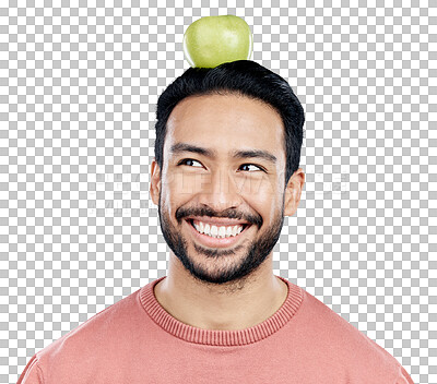 Buy stock photo Man, smile and apple for thinking of nutrition by planning meals for health, wellness and wellbeing. Happy guy, organic fruit and vision of plant based food on isolated transparent png background