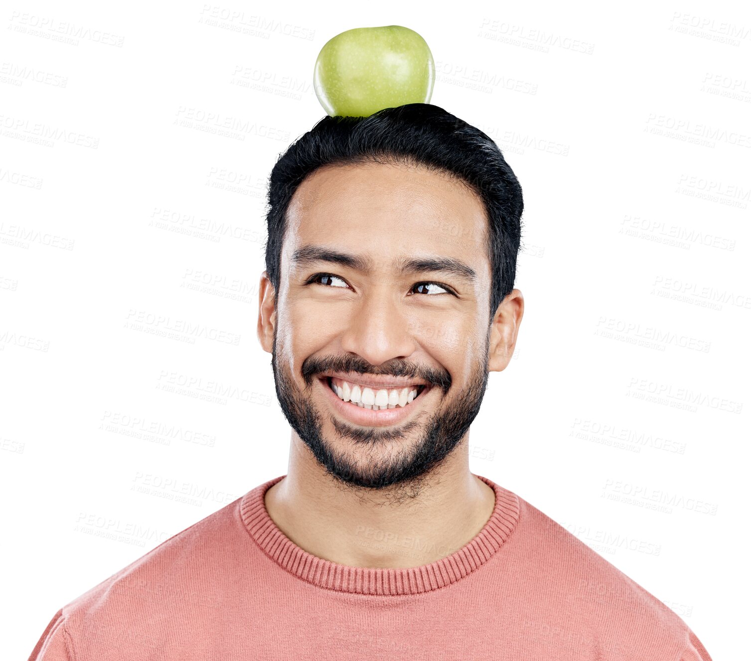 Buy stock photo Man, smile and apple for thinking of nutrition by planning meals for health, wellness and wellbeing. Happy guy, organic fruit and vision of plant based food on isolated transparent png background