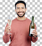 Portrait, champagne and cheers with a man in studio on a gray ba