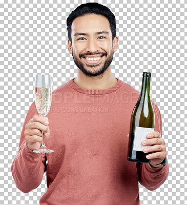 Buy stock photo Champagne, drink and happy portrait of man with glass and bottle in transparent, isolated or png background. Celebration, cheers and person toast with alcohol, wine for New Years Eve or festive event