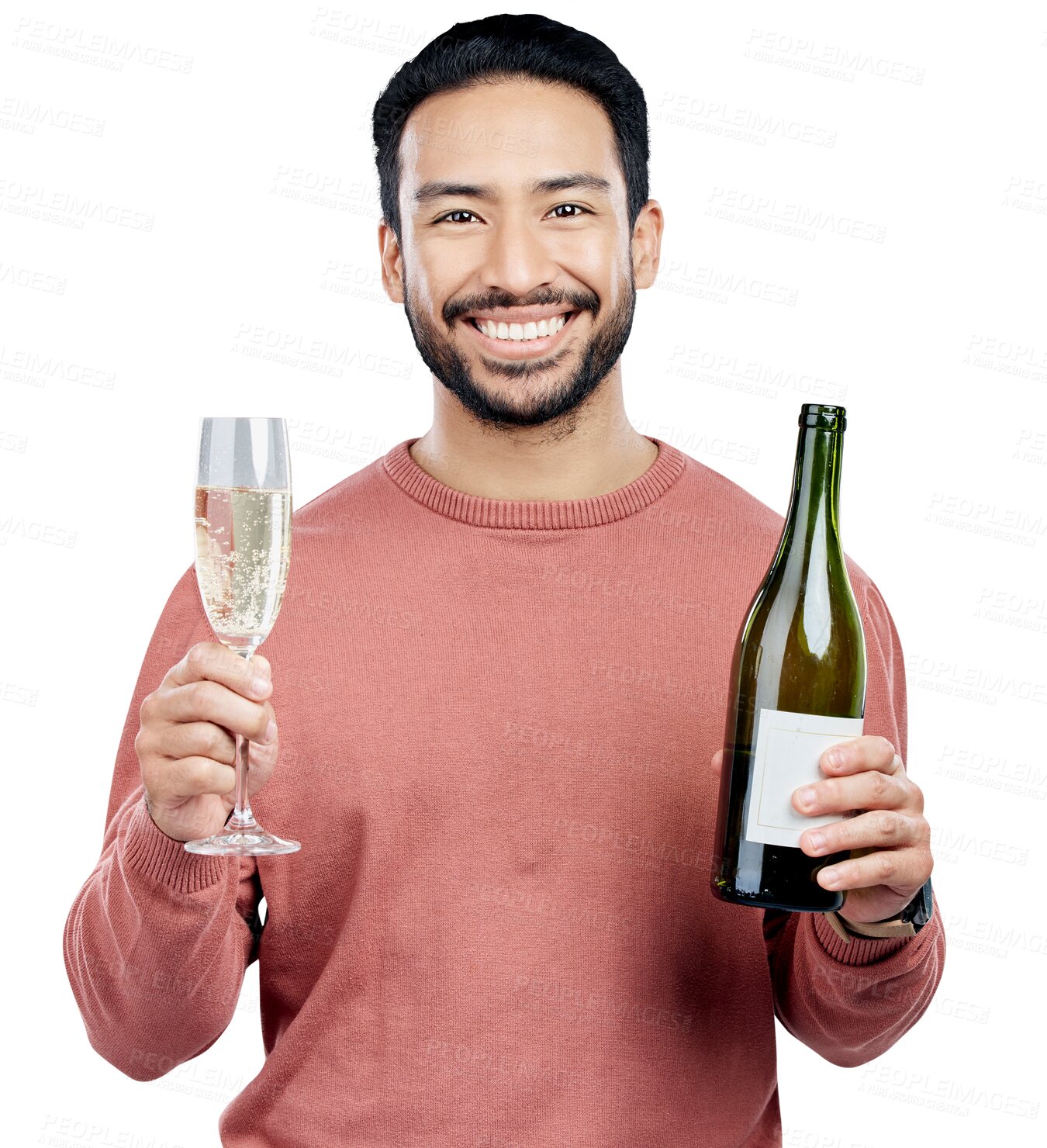 Buy stock photo Champagne, drink and happy portrait of man with glass and bottle in transparent, isolated or png background. Celebration, cheers and person toast with alcohol, wine for New Years Eve or festive event