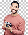 Portrait, studio and man with camera, tourist and  photographer