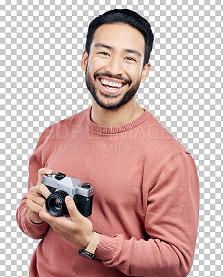 Buy stock photo Photographer, camera and portrait of man with smile for art career isolated on transparent png background. Face of creative professional, artist and photography in media production with happy memory.