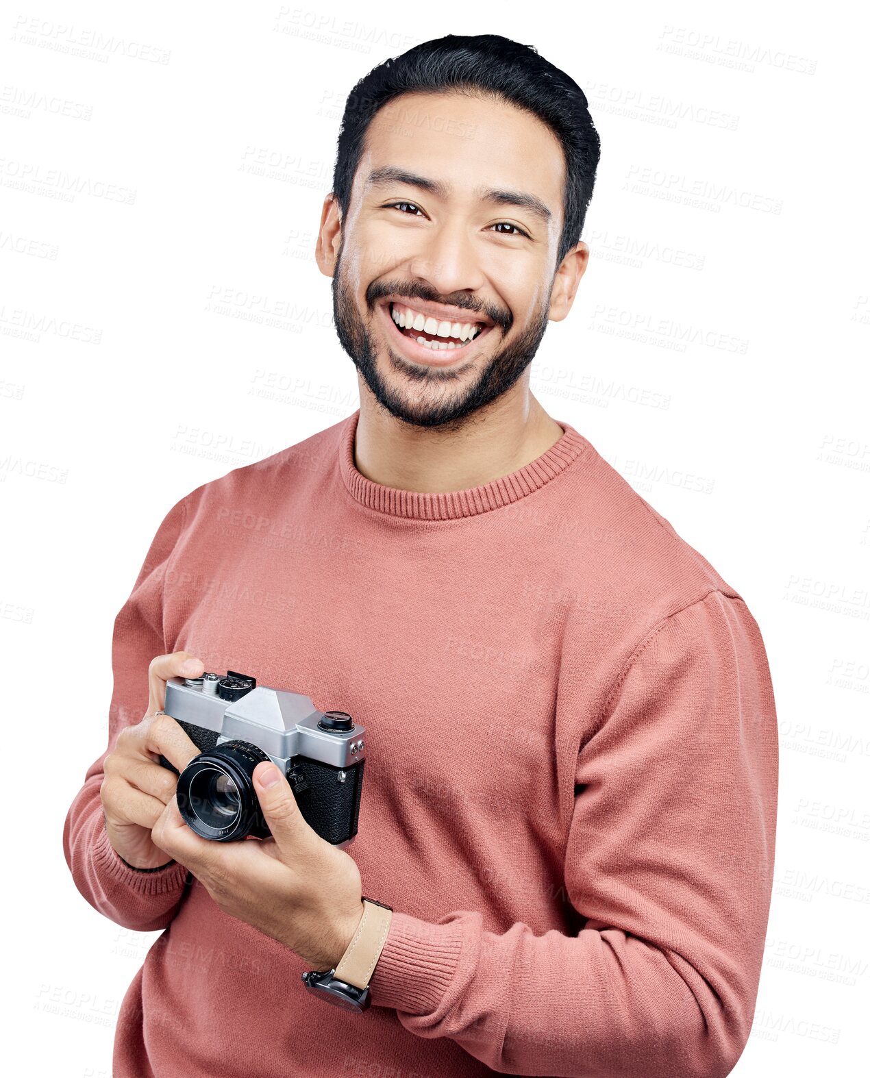 Buy stock photo Photographer, camera and portrait of man with smile for art career isolated on transparent png background. Face of creative professional, artist and photography in media production with happy memory.