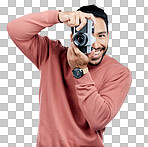 Man with camera, photography in portrait with smile, taking pict