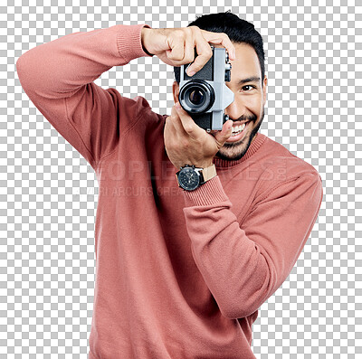 Buy stock photo Photographer, camera and portrait of man with focus for art career isolated on transparent png background. Face of creative professional, artist and photography in media production with happy memory.