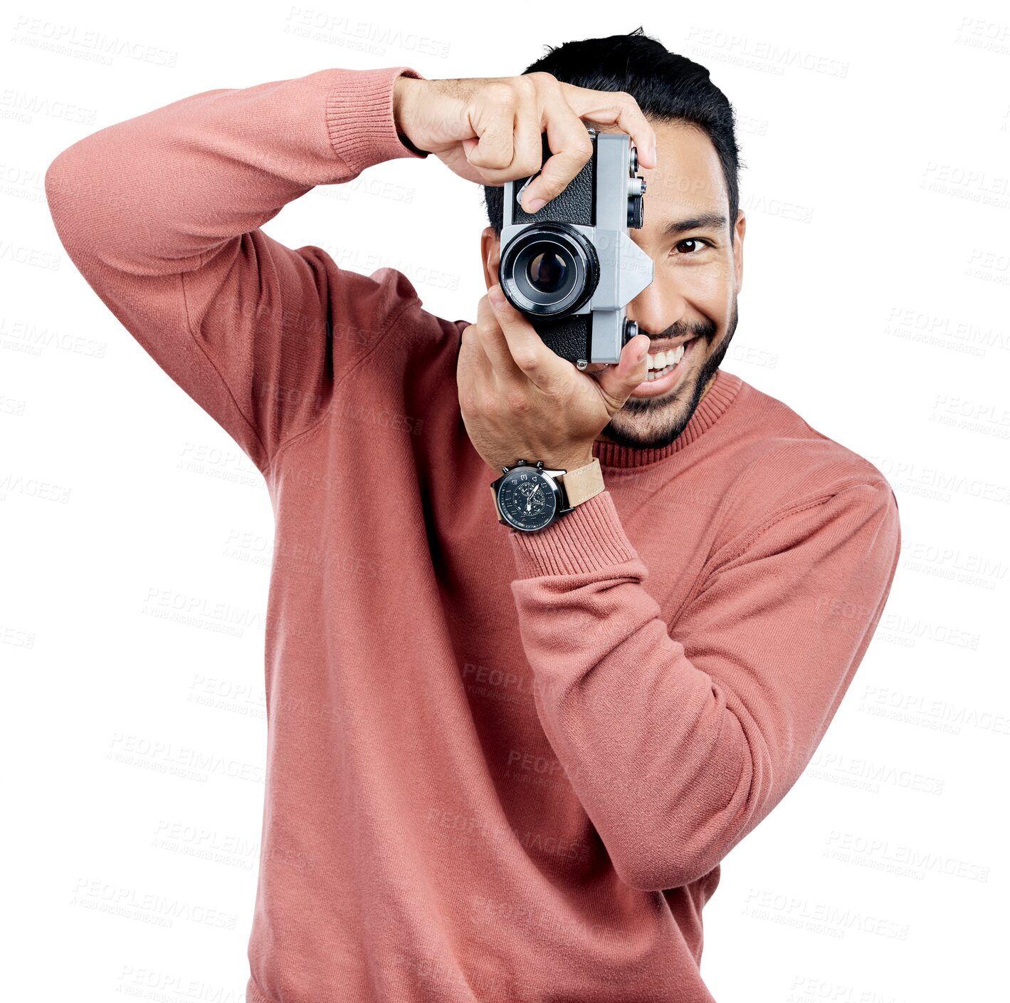 Buy stock photo Photographer, camera and portrait of man with focus for art career isolated on transparent png background. Face of creative professional, artist and photography in media production with happy memory.