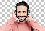 Happy, music and Asian man with headphones, streaming and cheerf