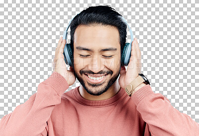 Buy stock photo Asian man, headphones and music streaming with smile for entertainment playlist, audio or sound. Male person, headset and happy with hip hop or isolated transparent png background, radio or podcast