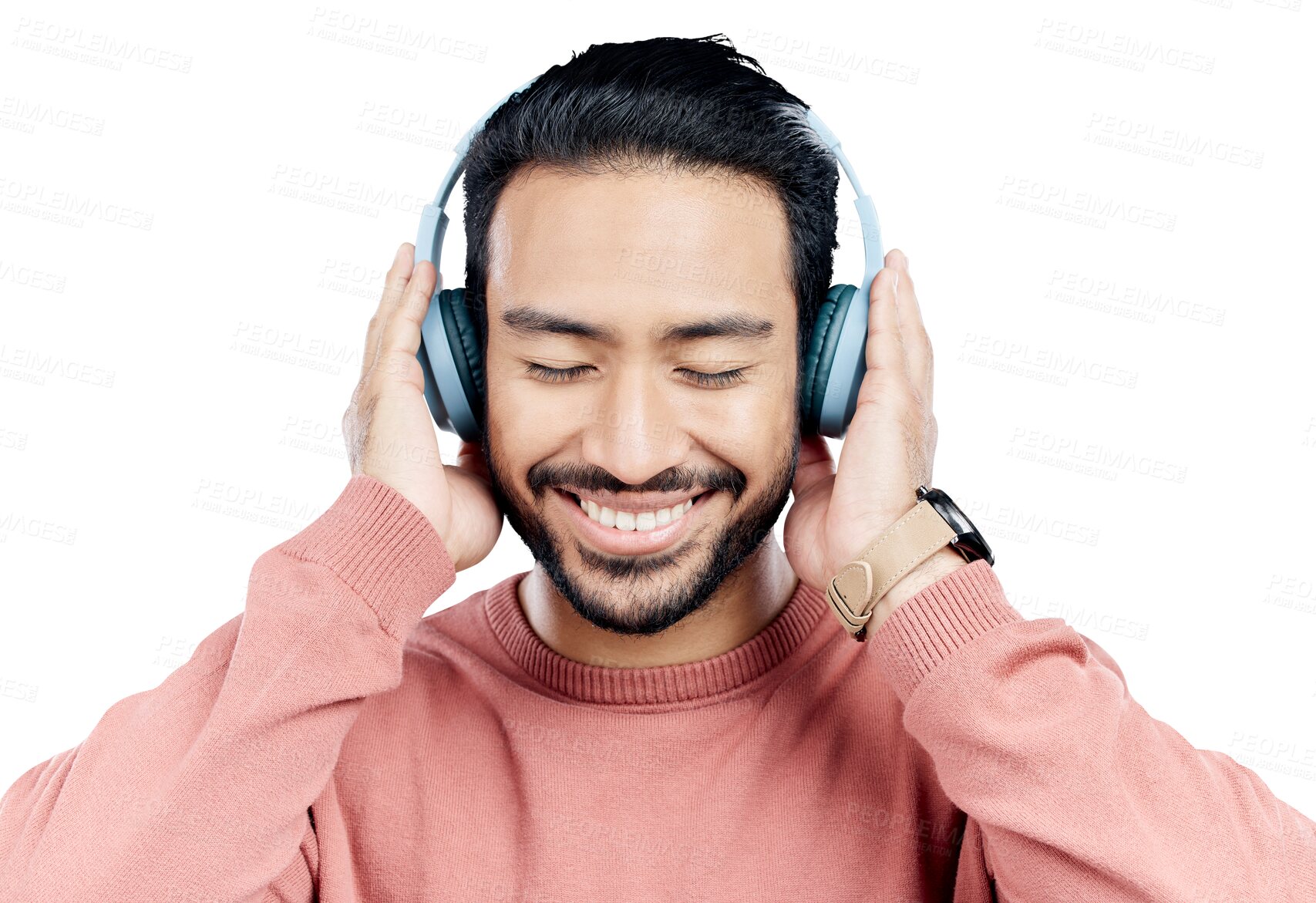 Buy stock photo Asian man, headphones and music streaming with smile for entertainment playlist, audio or sound. Male person, headset and happy with hip hop or isolated transparent png background, radio or podcast