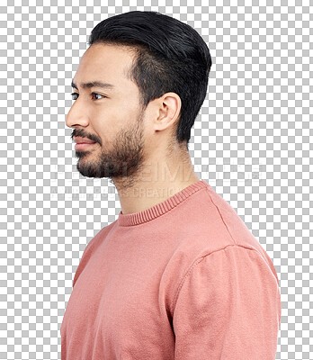 Buy stock photo Fashion, profile and young man with casual, trendy and cool outfit with confidence. Pride, smile and side view of handsome Asian male person with style isolated by transparent png background.