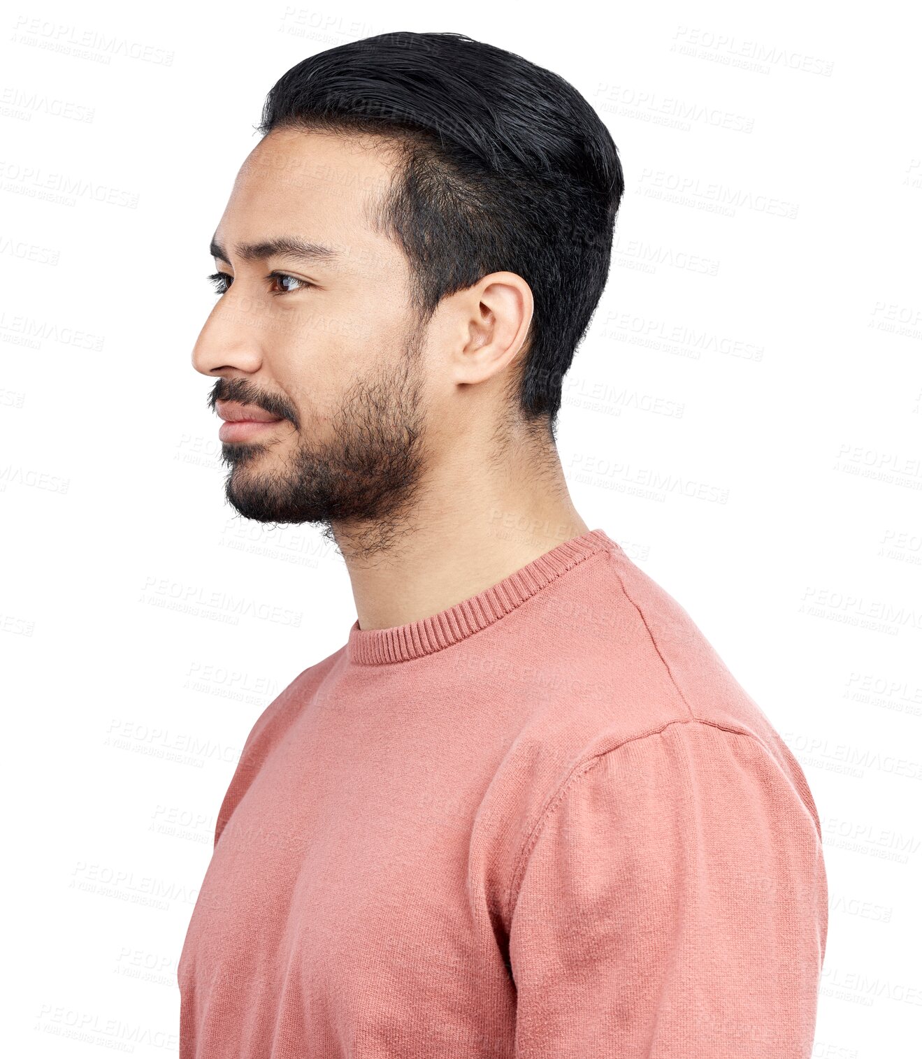 Buy stock photo Fashion, profile and young man with casual, trendy and cool outfit with confidence. Pride, smile and side view of handsome Asian male person with style isolated by transparent png background.