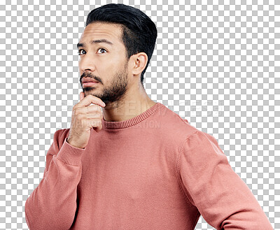 Buy stock photo Confused, brainstorming and young man with ideas, decision and choice facial expression for question. Plan, thinking and Asian person with problem solving face isolated by transparent png background.