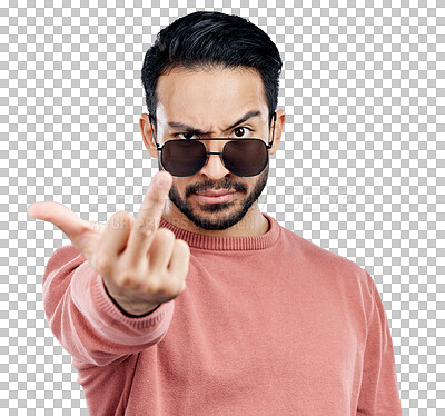 Buy stock photo Portrait, sunglasses and rude man with middle finger, opinion and isolated on transparent png background. Frustrated, angry and face of person with offensive hand gesture, hate and conflict problem