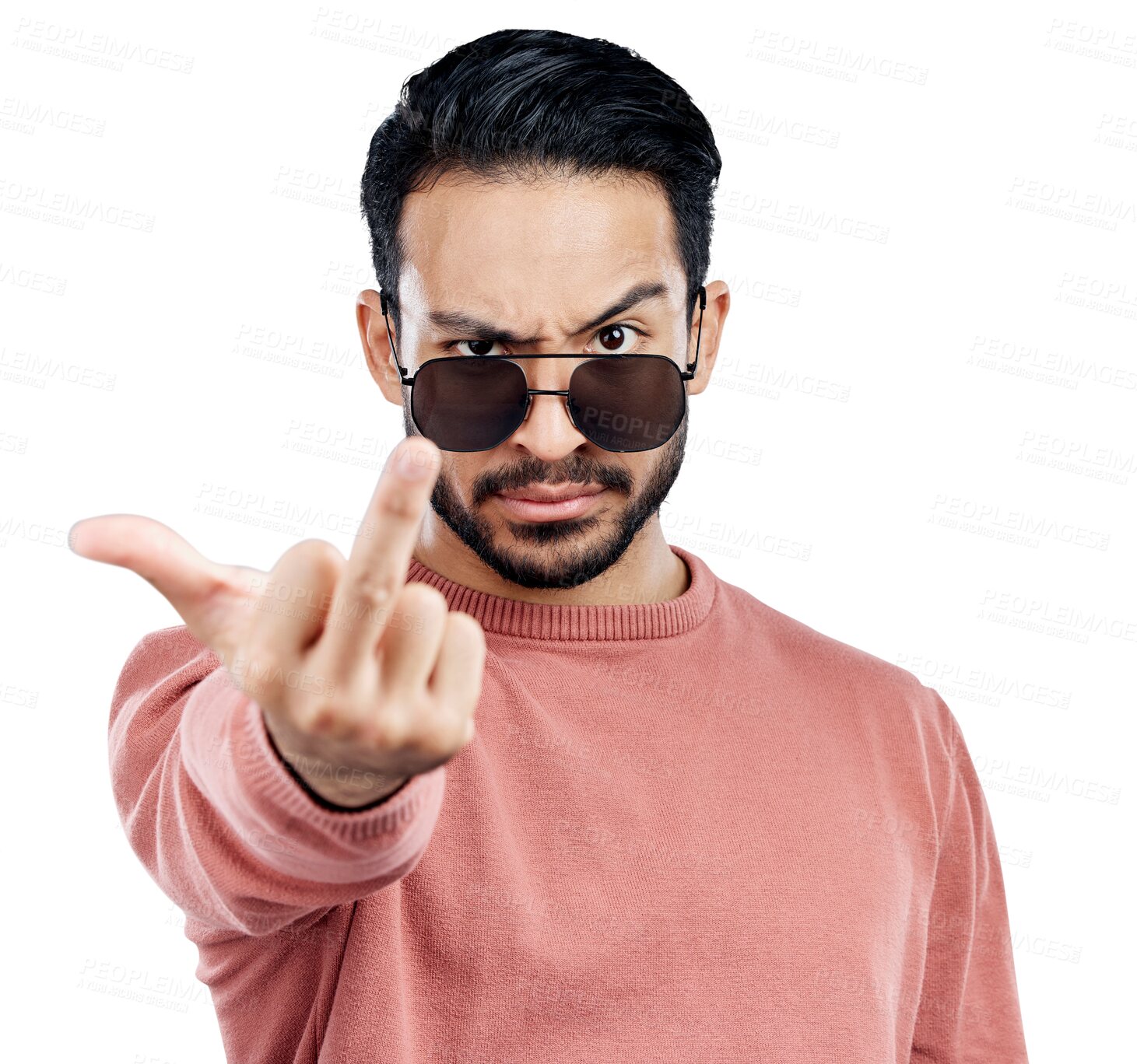 Buy stock photo Portrait, sunglasses and rude man with middle finger, opinion and isolated on transparent png background. Frustrated, angry and face of person with offensive hand gesture, hate and conflict problem