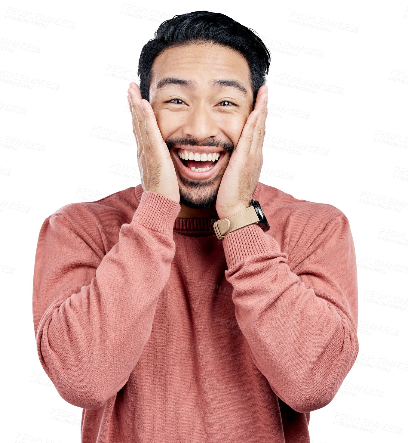 Buy stock photo Portrait, surprise and Asian man excited, wow and happiness against isolated transparent png. Face, Japanese male and happy guy with winning, victory and smile with joy, announcement and background