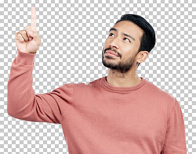 Buy stock photo Man, face and pointing to announcement or information for advertising, marketing and promotion with direction. Choice, decision and person with hand gesture isolated on a png transparent background