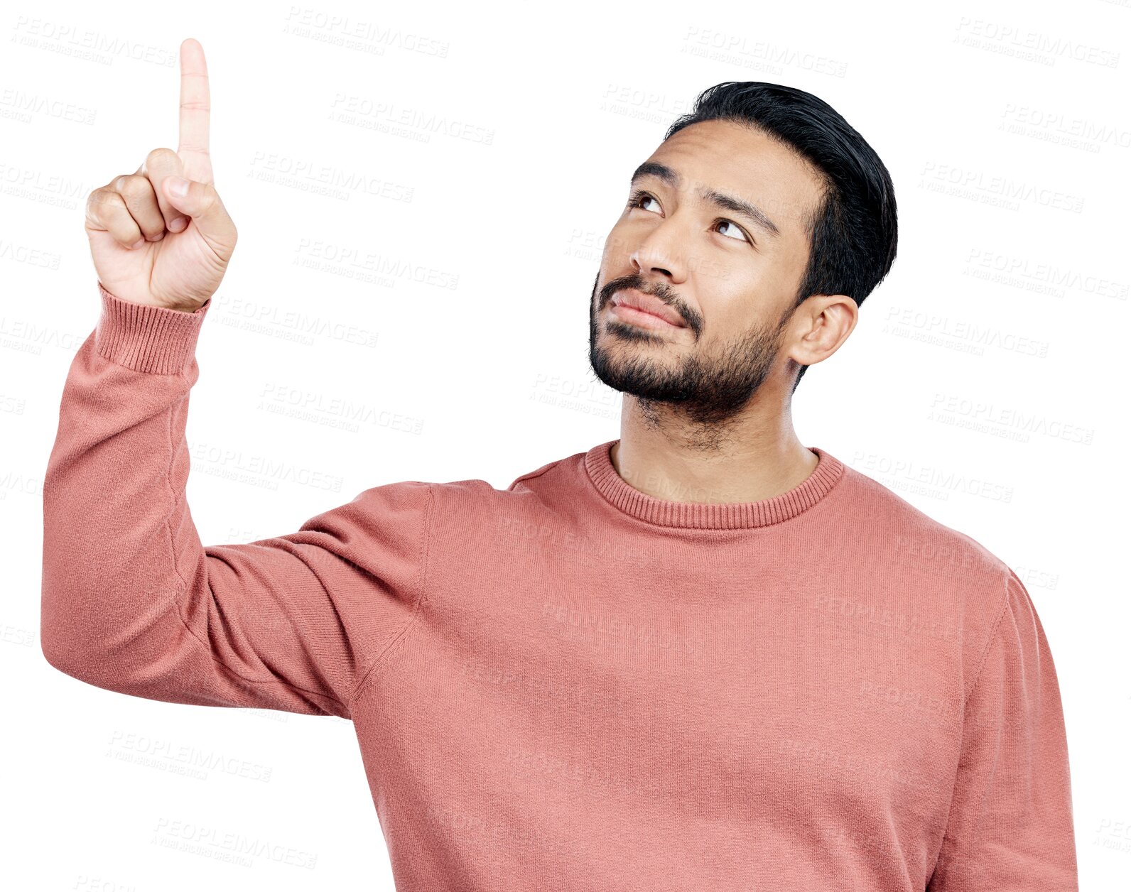 Buy stock photo Man, face and pointing to announcement or information for advertising, marketing and promotion with direction. Choice, decision and person with hand gesture isolated on a png transparent background