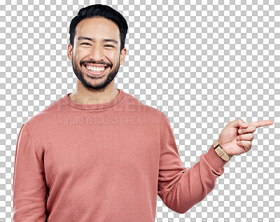 Buy stock photo Man, portrait and pointing to announcement or information for advertising, marketing and promotion with direction. Happy, decision or person with hand gesture isolated on a png transparent background