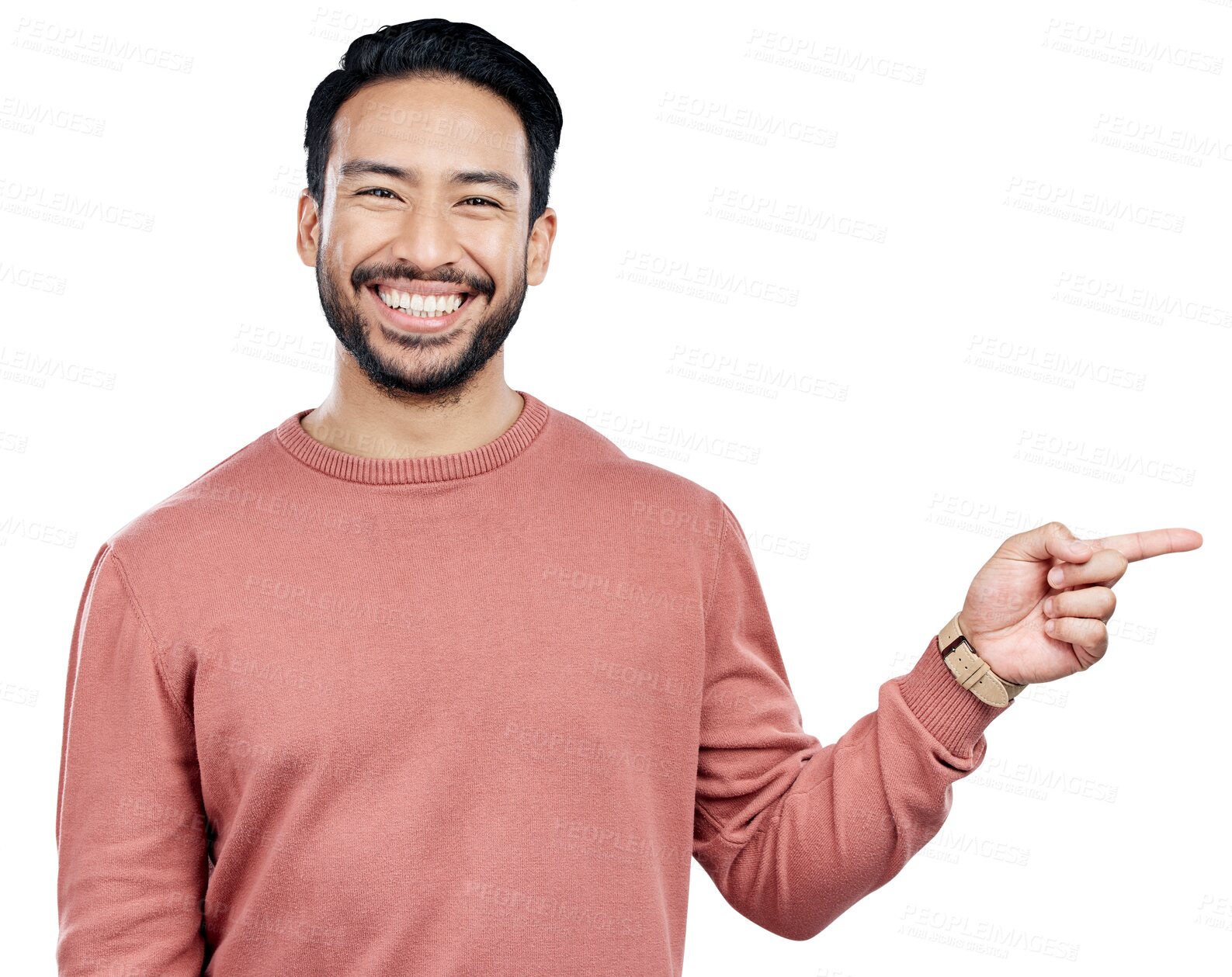 Buy stock photo Man, portrait and pointing to announcement or information for advertising, marketing and promotion with direction. Happy, decision or person with hand gesture isolated on a png transparent background