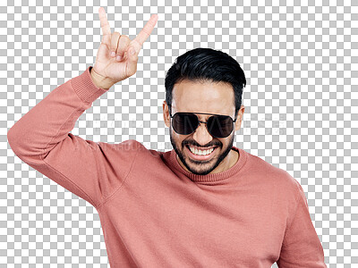 Buy stock photo Portrait, rock on and hand gesture of man in sunglasses, cool and crazy expression for fashion isolated on a transparent png background. Face, happy and show devil horns, sign or symbol with fingers